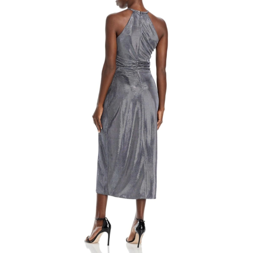 NWT Ramy Brook Dina Women's Silver Metallic Halter Cocktail Dress Midi Dress - Picture 2 of 9